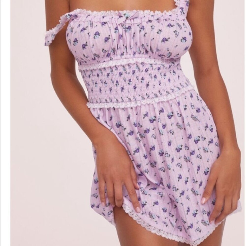 EUC For Love & Lemons Lola Pointelle Mini Dress Floral Dainty Lilac Purple Small
